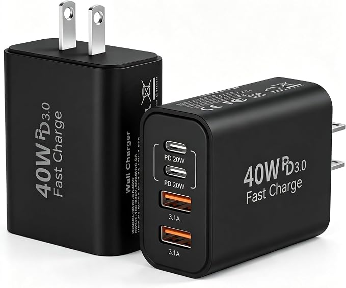 USB C Wall Fast Charger Block, 40W 4-Port Type C Chargers Fast Charging Blocks PD Power Charger Adapter+QC 3.0 USB Multiport Charger Brick for Phone 17/16/15/14/13/12 Pro Max, i-Pad, Galaxy S25-2Pack by Duloch