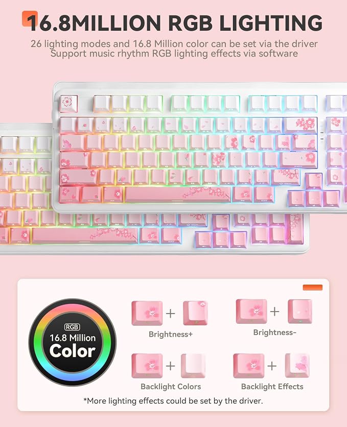 DAREU EK98pro Sakura Pink Wireless Mechanical Keyboard,Tri-Mode BT/2.4GHz/USB-C Creamy Gaming Keyboard with Number Pad,Gasket Structure,Hot Swappable Custom,RGB Backlit for Win/Mac - Image 4