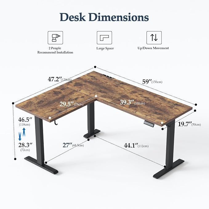 Klicelor L Shaped Standing Desk 59 x 48 Inch, Electric Height Adjustable Corner Desk for Home Office Workstation, Ergonomic Sit Stand Computer Table with Memory Controller, Rustic Brown - Image 3