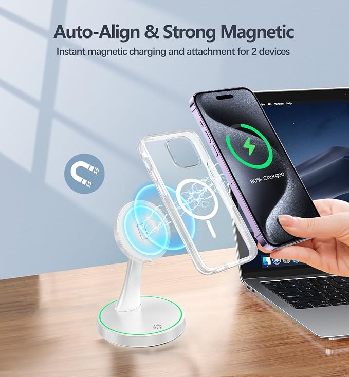2 Pack Magnetic Wireless Charger Stand 15W Fast Mag-Safe Charger for iPhone iPhone 17 /17 pro/ 17 Air/ 17 pro max 16/15/14/13/12 Series Magnet Wireless Charging Station with Light for AirPods - Image 6