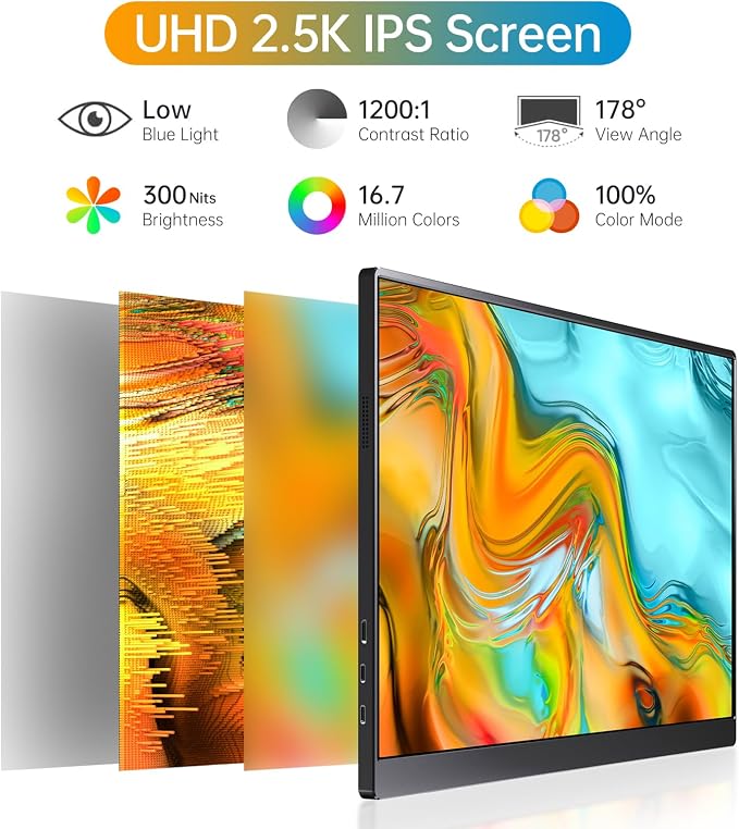 Anyuse 16" QHD USB-C HDMI HDR Portable Monitor | 16" QHD 2.5K IPS HDR, smart cover+speakers, USB-C/HDMI, plug&play, for PC/Mac/Phone/PS5/Xbox/Switch. - Image 2