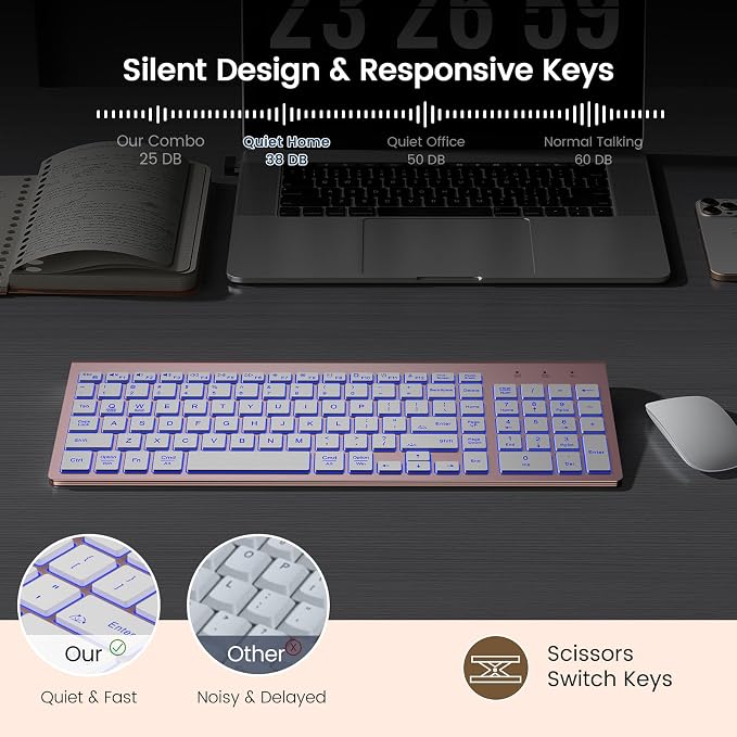 SABLUTE Wireless Keyboard with 7-Color Backlight, Quiet Low-Profile Keys | Rechargeable, Compact Cordless Design, Slim Quiet Scissor-Switch Keys, Auto Sleep, Windows, Linux, Chrome OS & Mac Compatible - Image 6