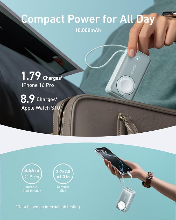 Anker MagGo Power Bank for Apple Watch, 10,000mAh 35W Max Portable Charger | Officially Certified 10,000mAh Battery Pack with Built-In USB-C Cable, for iPhone 17 Series, Samsung, iPad, AirPods, and More - Image 4