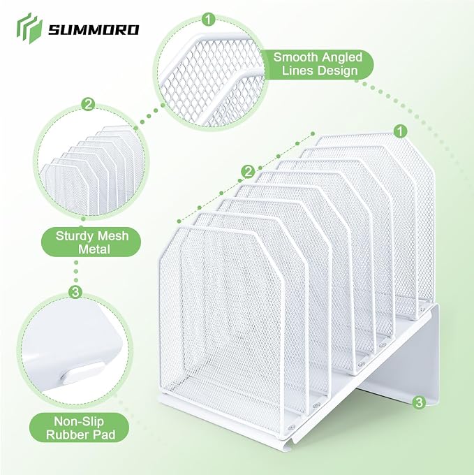 SUMMORO Inclined File Organizer for Desk, 7-Section Vertical File Holder | Office Desk Organizer Metal Rack File Folder, Wire Mesh Desktop Document Sorter, for Office School Classroom Home (White) - Image 5