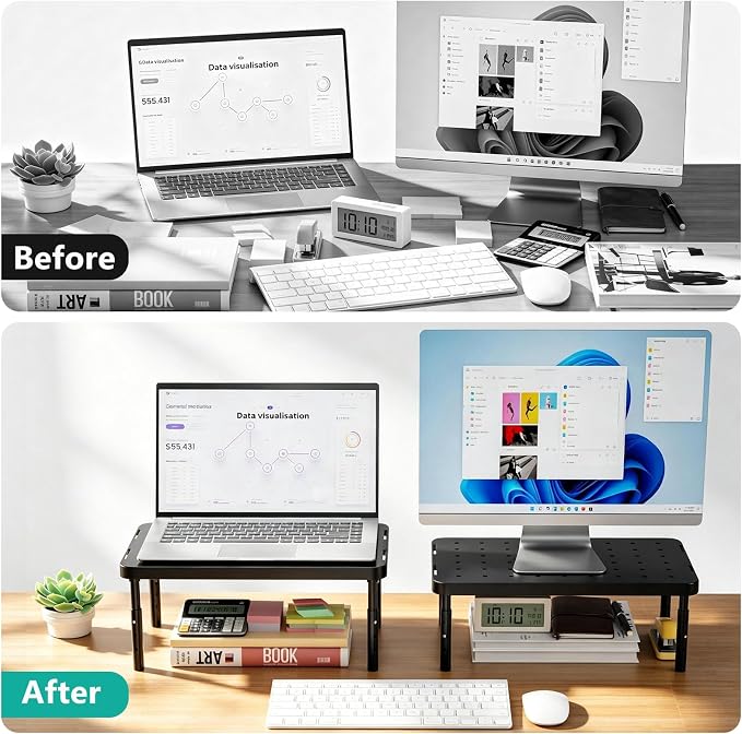 WALI Computer Monitor Stand for Desk, Adjustable Laptop Riser, up to 44 lbs | Monitor Riser Under-Desk Storage, Fits Monitors, Laptops, Printers, for Home, Office, School Supplies (PTT001), 1 Pack, Black - Image 3