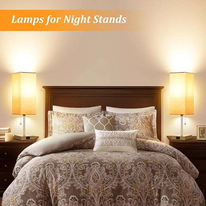 Table Lamp for Bedroom set of 2,3-Color Bedside Lamps with Pull Chain | Table Lamps for Nightstand with AC Outlets,18'' Night Light Lamps with 2 Bulbs Lamps for Living Room Kids Office Decor（Glod） - Image 7