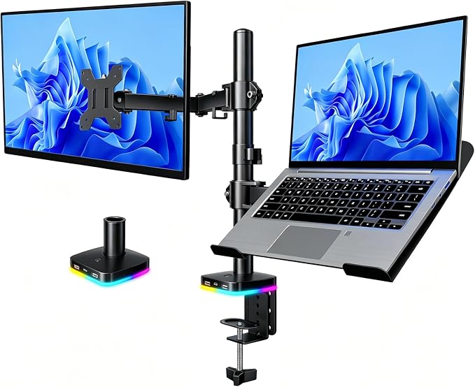Afaloona RGB Monitor & Laptop Stand with USB Hub, Charging & Data Transfer | Fits 13-32" monitors and 11-17" laptops with a removable tray that converts to a dual monitor mount, up to 18 lb per arm by Afaloona