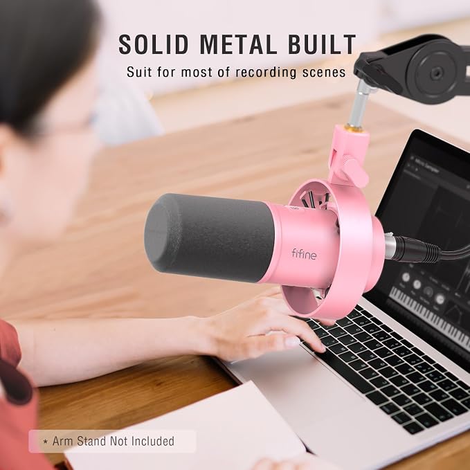 FIFINE AmpliTank K688P XLR/USB Dynamic Microphone, Vocal Podcast Mic | Streaming Microphone with Shock Mount, Mute Button, Gain Knob, Headphones Monitoring, for Recording Voice-Over, Video, Pink - Image 6