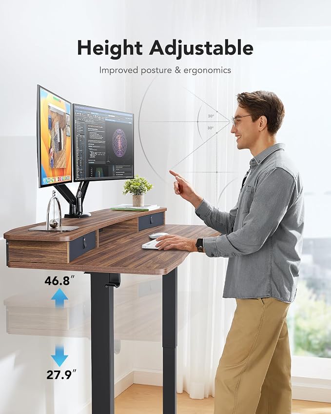 HUANUO 55" x 26" Electric Standing Desk with 2 Drawers, C-Clamp Mount Compatible, Height Adjustable Computer Desk, Home Office Stand Up Desk with 4 Preset Heights & 2 Hooks, Walnut - Image 7