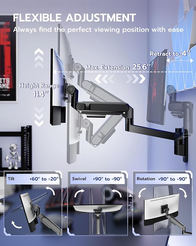 ARES WING Monitor Wall Mount for 24-57 Inch Ultrawide Screen, Black | Premium Heavy Duty Gaming Monitor Arm for 60 lbs, Full Motion Gas Spring, Bearing Head for Easy Adjustment, 75/100 VESA Mount - Image 5