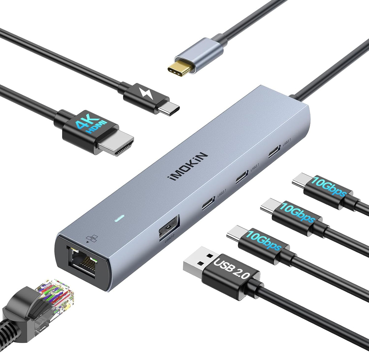 MOKiN 10Gbps USB C Hub Ethernet, 7 in 1 USB C Adapter for MacBook Pro/Air with 4K@60HZ HDMI, 3*USB-C 10Gbps Data, RJ45, USB 2.0, 100W PD, USB C Dongle for MacBook Pro/Air/Dell/HP/Thinkpad/Lenovo. by MOKiN
