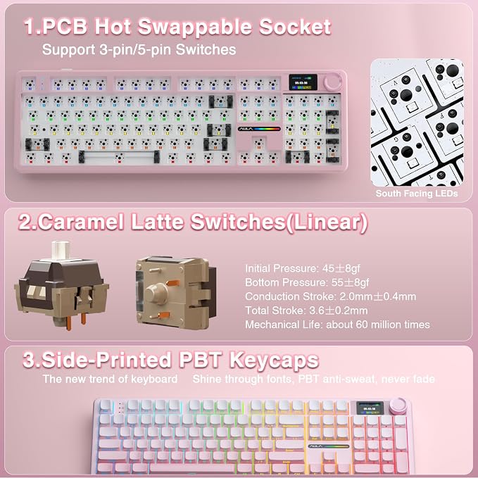 AULA F108 PRO - Wireless Mechanical Keyboard with Screen & Knob,Full Size Keyboard with 8000mAh Battery,Pre-lubed Switches,Side Printed PBT Keycaps,RGB Backlit Hot Swappable Custom Pink Keyboards - Image 5