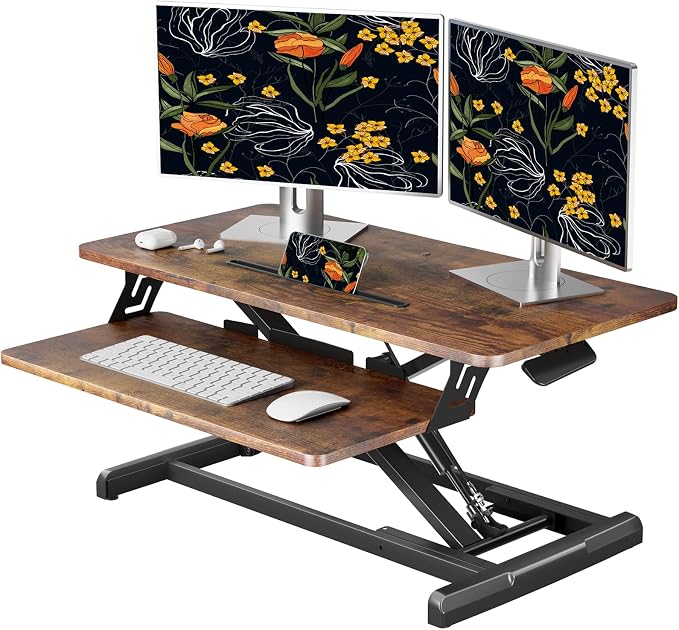 JOY worker Standing Desk Converter, 32" Height Adjustable Sit Stand Riser | Rustic Brown Table Top Stand Up desk with Fixed Keyboard Tray, Monitor and Laptop Workstation, Particle Board, Home Office by JOYworker