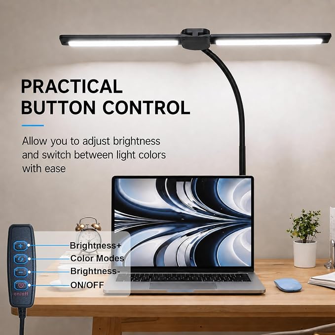 LED Desk Lamp for Home Office, Eye-Care Architect Light with Clamp, Double Head Computer Monitor Table Light with 3 Color Modes 10 Brightness, Adjustable for Reading, Study, Workbench, Black - Image 8