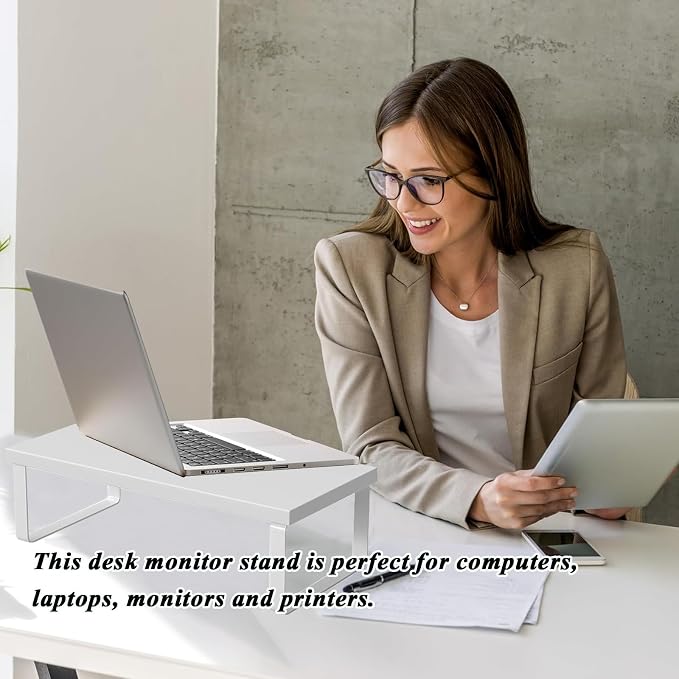 Stable Wood Computer Monitor Stand for Desk Organizer, Anti-slip Computer Riser Monitor Shelf for PC Laptop Notebook Home & Office (White) - Image 5