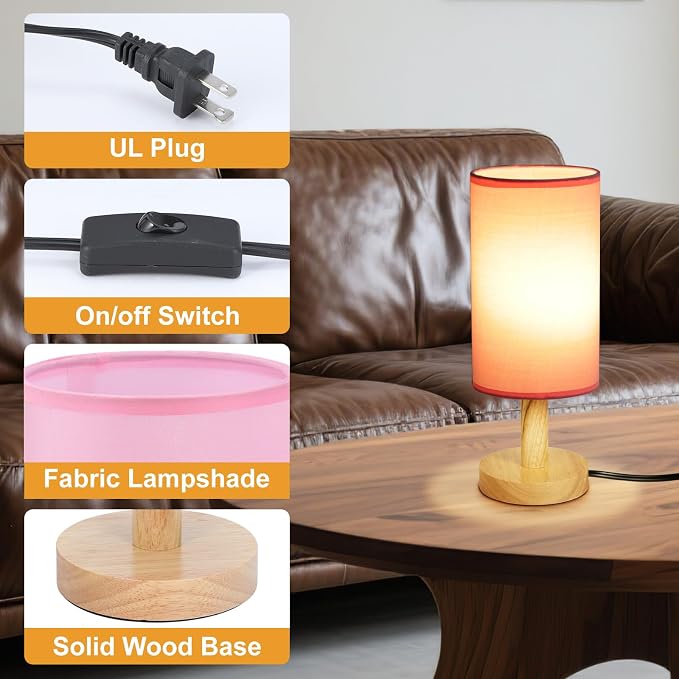 Pink Small Bedside Table Lamp for Bedroom,Natural Round Wood Base&Fabric Linen Shade,Cozy Night Table Light for Study Reading,Minimalist Boho Desk Lamp for Nightstand,Living Room,Nursery,Kitchen,Dorm - Image 5