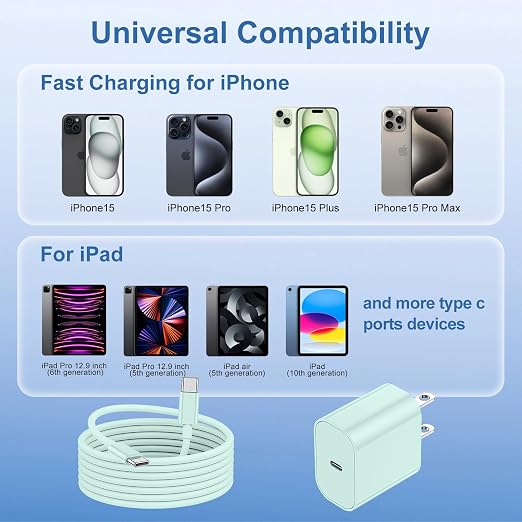 iPhone 17 16 15 Fast Charger and 6ft Type C to C Cable Cord Long, 20W USB C Charging Block Plug for Apple iPhone 17 Pro Max/17 Air/16 Pro/16 Plus/15 Pro/15 Mini/iPad Power Adapter Cube Brick-Green - Image 6