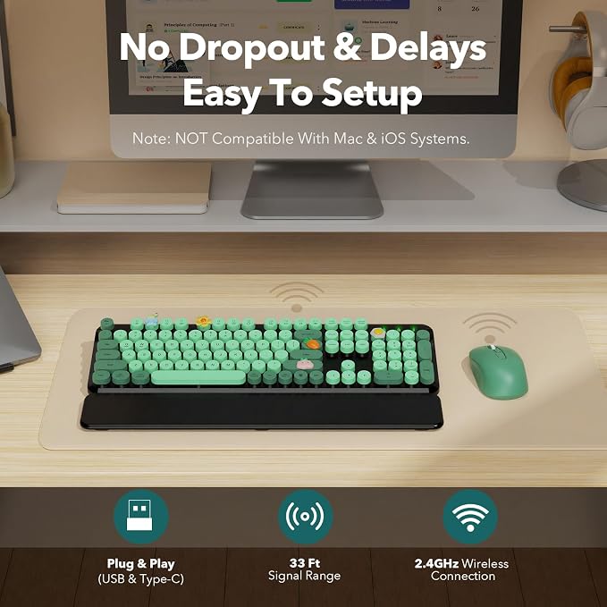 Wireless Keyboard and Mouse Combo, Round Keycaps, Full-Size Retro Typewriter Keyboard with Magnetic Wrist Rest, Tilt Legs, 2.4GHz Cordless for Mac, Windows PC, Laptop, SABLUTE CK23, Black & Green | Full-Size Retro Typewriter-Style Keyboard, Tilt Legs, ... - Image 7