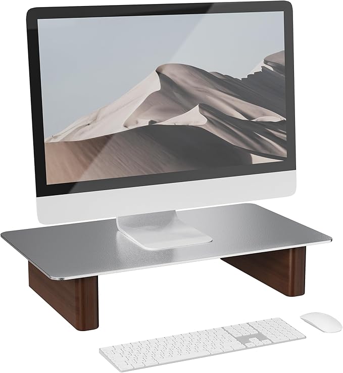 Aluminum Monitor Stand Riser, Ergonomic Desktop Shelf with Wooden Legs - 15.75” Wide Heavy Duty Computer Stand for Home Office, Universal Desktop Monitor Riser for PC, iMac, MacBook, Laptop by CHENOMiNL