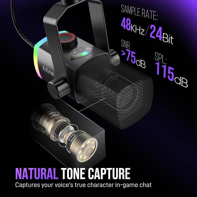 FIFINE AmpliGame AM8PROT Gaming Microphone Kit, XLR/USB Dynamic PC Mic | Streaming Mic Set with Boom Arm, RGB, Tap-to-Mute, Mix Control, Headphone Jack, Volume Knob for Podcast Recording - Image 2