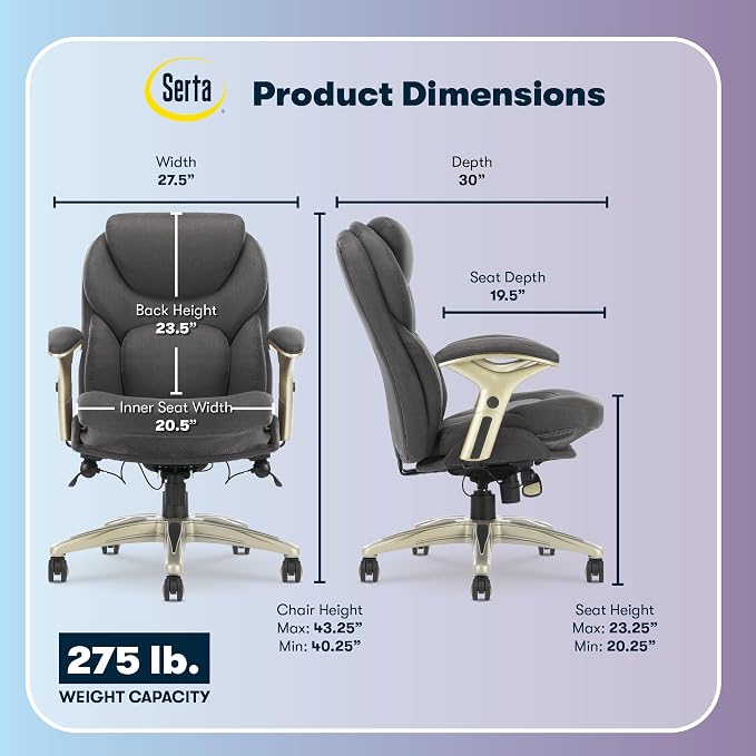 Serta Claremont Executive Office Chair with Back-In-Motion Technology, Ergonomic Mid-Back with Pivot Lumbar Support & Seat, Plush Cushion, Body Pillows, Adjustable Arms, Dark Gray Fabric | Claremont, Adjustable Arms & Height, Foam Seat and Headrest Cus... - Image 3