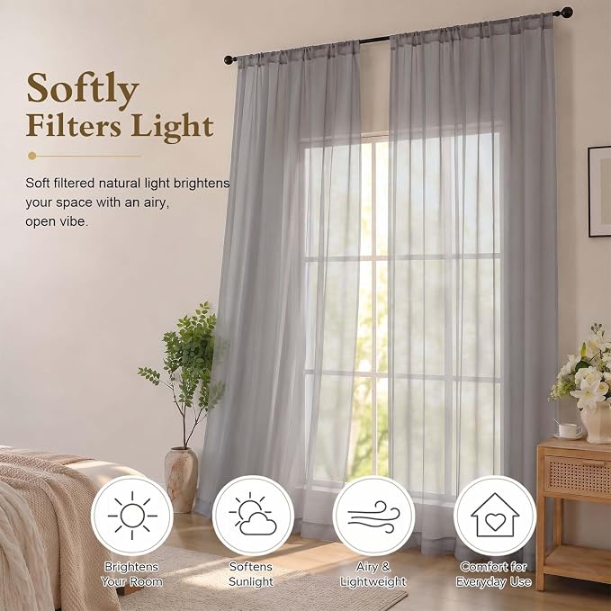 Charcoal Grey Sheer Curtains 96 Inches Long 2 Panels 52" Wide | Elegant Airy Sheer Curtain for Living Room Bedroom, Light Filtering Window Treatments, Rod Pocket, 2pcs Each 52" W x 96" L - Image 2