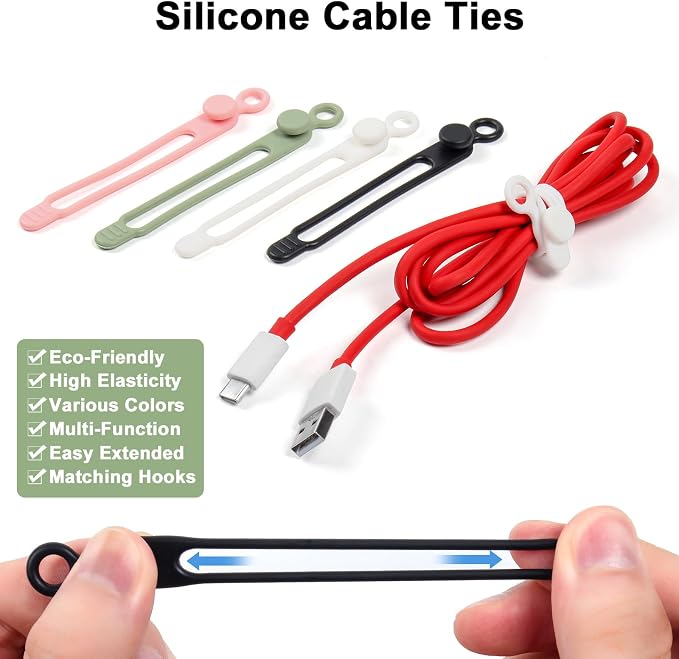 OneLeaf 48Pcs Silicone Cable Ties, Elastic Cord Ties for Cable Organizer, Reusable Wire Management, Cord Organizer Essentials, Multipurpose Cable Management for Travel/Portable/Office/Home Desk - Image 2