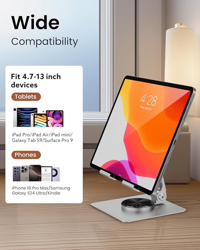 TIGRIS 360° Rotating Tablet Stand for iPad, Adjustable Foldable Metal Desk Stand, Stable Portable Tablet Holder for Office, Kitchen, Video Calls, Compatible with iPad Pro/Air/Mini, Kindle, Surface - Image 4