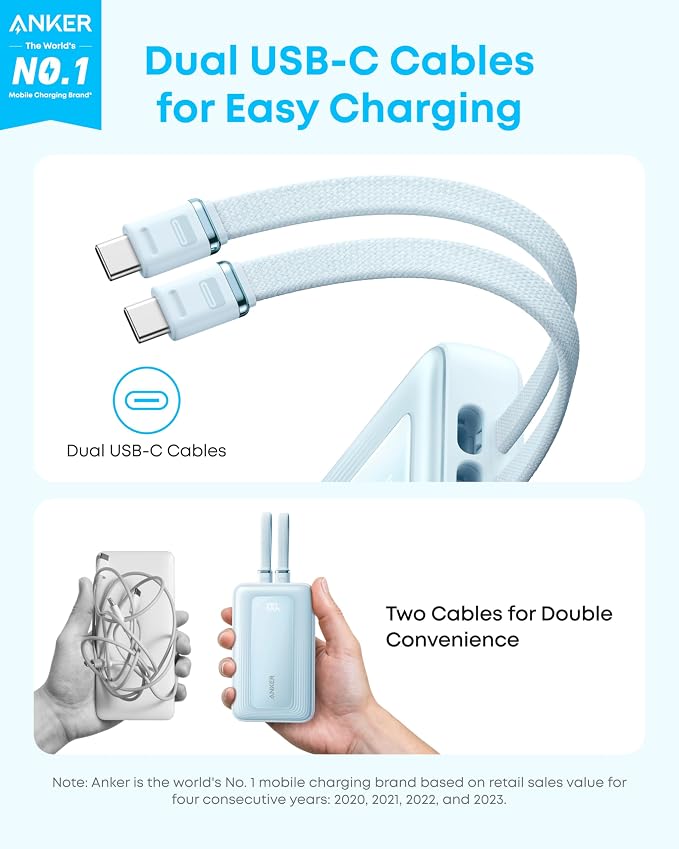 Anker Power Bank,20,000mAh 45W Portable Charger,Dual Built-in USB-C Cables | 20,000mAh Portable Charger with 45W Max Fast Charging, USB-C and USB-A Ports for iPhone 17 Series, Galaxy, MacBook, and More - Image 2