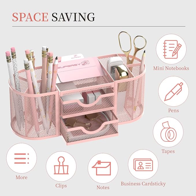 Mesh Desk Organizer, Pen Holder for Desk with 2 Drawers, Pink | Desk Organizers and Accessories with 8 Compartments and 2 Drawers, Pencil Holder for Desk for Small Office Supplies - Image 4