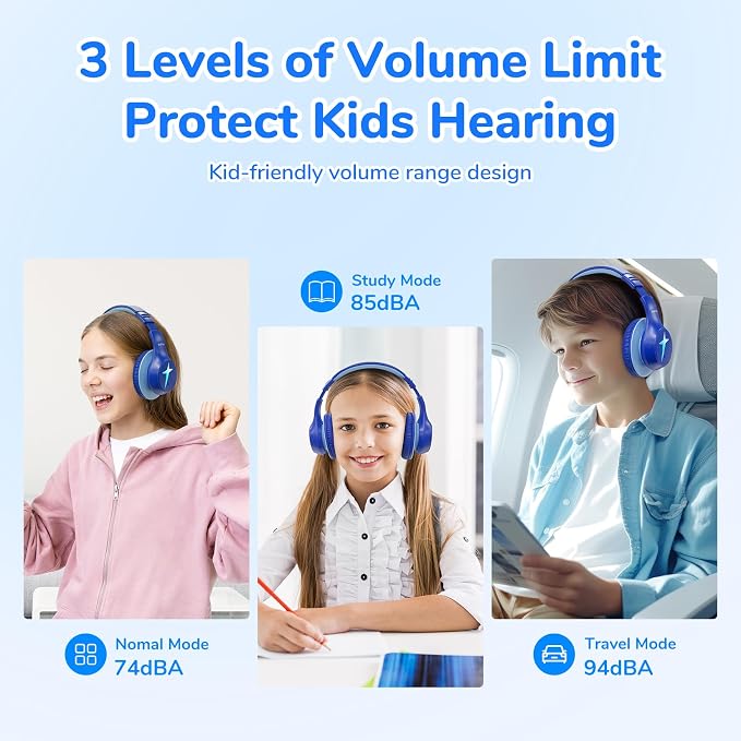 EarFun K4 Kids Bluetooth Headphones, Wireless Headphones with Lights, Blue | 74/85/94dBA Volume Limited, Built-in Mic, 90H Playtime, Stereo Sound Bluetooth 5.4 Over Ear Headphone for iPad/Tablet/School - Image 2