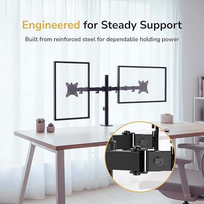 Mount-It Dual Monitor Arm, Heavy Duty Desk Mount for 2 Screens 13-32 in | Up to 19.8 lbs Each, Full Motion Tilt Swivel Rotate, VESA 75x75 100x100, Steel, Cable Management, C-Clamp or Grommet, Black - Image 3
