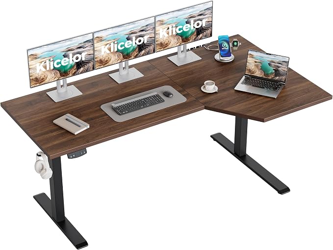 Klicelor L Shaped Standing Desk 63 x 35.4 Inch, Electric Height Adjustable Corner Desk for Home Office Workstation, Ergonomic Sit Stand Computer Table with Memory Controller, Dark Walnut by Unknown