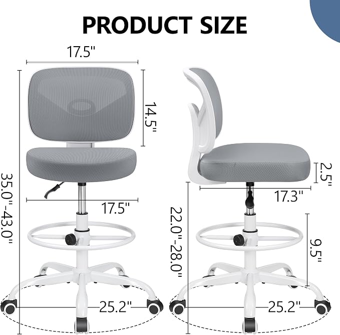 Armless Tall Desk Chair, Adjustable Height and Footring, Mid-Back Ergonomic Standing Desk Chair Mesh Rolling Tall Chair for Art Room, Office or Home (Gray) - Image 3