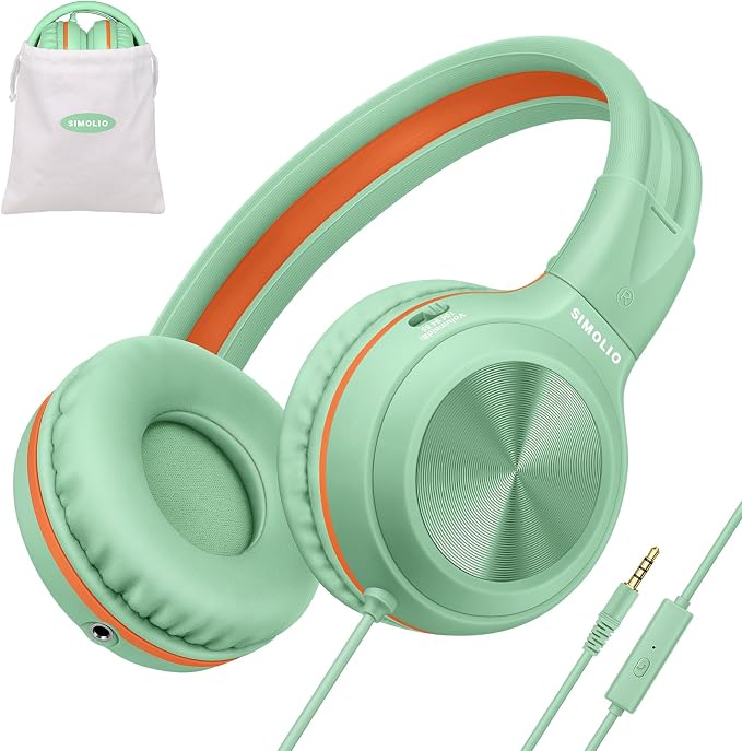 SIMOLIO Manyshare Series- Kids Wired Headphones with Microphone, Share Port & Volume Limit, Stereo Corded Headphone Girls, Boys, 3.5mm PC Headset Teens for Tablets Chromebook Laptop Travel (Green) by SIMOLIO