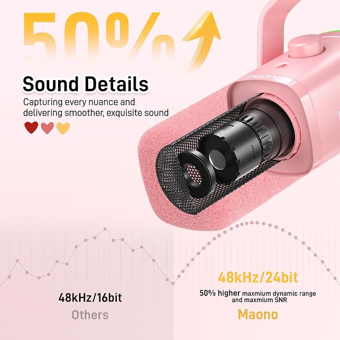 MAONO XLR/USB Gaming Microphone for PC, Dynamic Computer Mic for Streaming Podcasting, Noise Reduction, Mute, Volume Control, RGB Boom Mic for Vocal Recording,Voice-Over, PD100XS Pink - Image 3