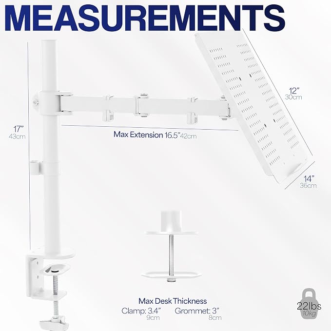 VIVO Single Laptop Notebook Desk Mount Stand, Fully Adjustable Extension with C-clamp, Fits up to 17 inch Laptops, White, STAND-V001LW - Image 3
