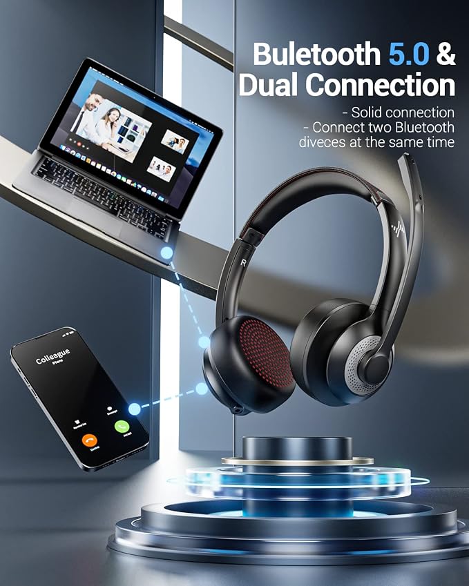 JIAMQISHI Wireless Headset with AI Noise Cancelling Microphone Bluetooth Headset - Bluetooth V5.2 Headphones with Mic Mute for Computer/Laptop/PC/iPhone/Android/Cell Phones (Without USB Dongle) - Image 3