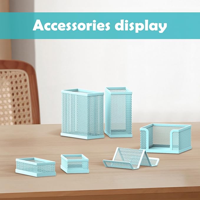 Pen Holder for Desk, 6-Piece Mesh Desk Organizer with Phone Holder, Blue | 6-Piece Black Mesh Desk Set Includes Pen Cups, a Sticky Note Caddy and Phone Holder for Office, School, Home - Image 2