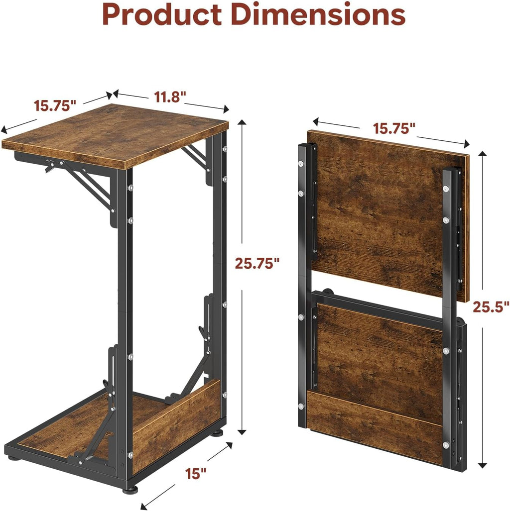 Simple Trending C Shaped End Table, Folding TV Tray Table, Side Table for Living Bedroom, Rustic Brown - Image 3