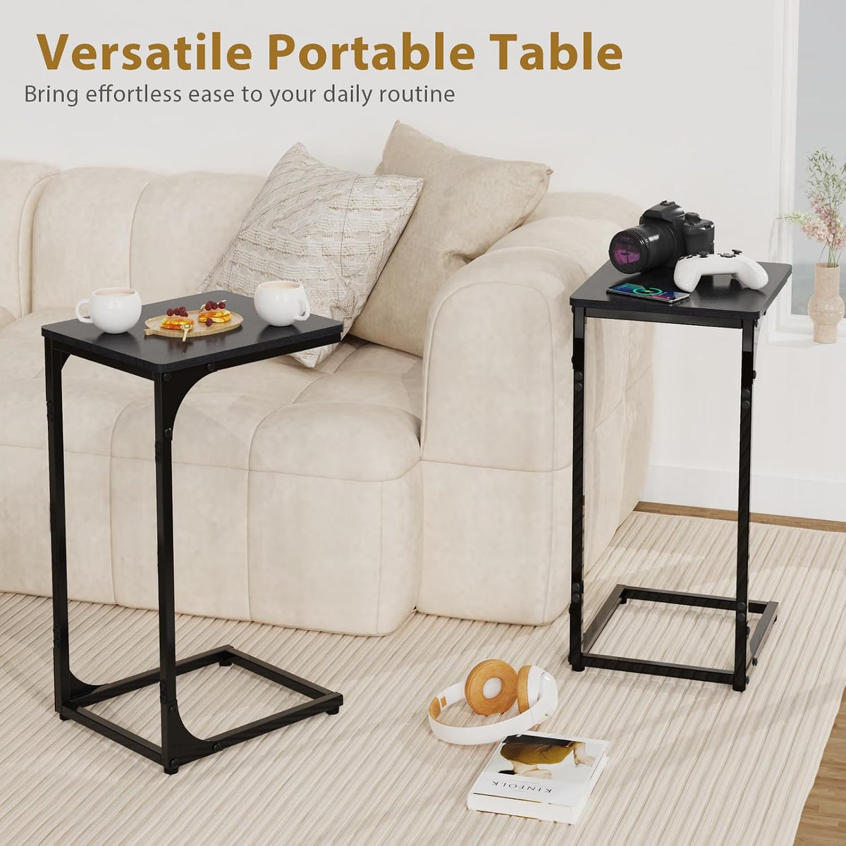C Shaped End Tables Couch Table TV Trays Set of 2, 11.8" Wide, Black - Image 2