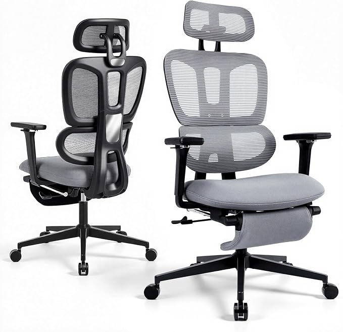Ergonomic Office Chair with Footrest and Dynamic Lumbar Support, Grey | Reclining high-back computer chair, memory foam seat, 4D armrests, 2D headrest, mesh desk chair for home office, long hours by GleeMatrix