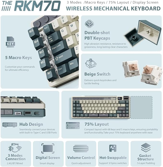 RK ROYAL KLUDGE M70 Wireless Mechanical Keyboard with Display/Macro Keys | 2.4GHz/Bluetooth/Wired 75% Gasket-Mount Gaming Keyboard with Knob, 6000mAh Battery, Hot-Swappable, Soft Tactile Beige Switch - Image 2