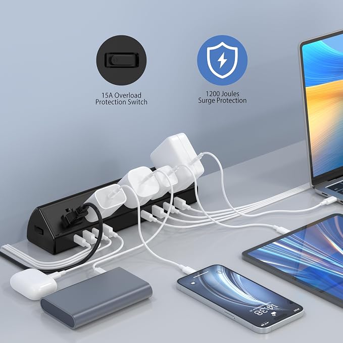 Jgstkcity Desk Clamp Power Strip,45W Fast Charging Station,4 USB-C,4 USB-A,Desk Mount Surge Protector,1875W Extension Cord with Multiple Outlets,ETL Listed,for Home Office Dorm Room | 4 USB-C,Edge Mount,1875W Extension Cord,15A Switch,ETL Listed,Office... - Image 4