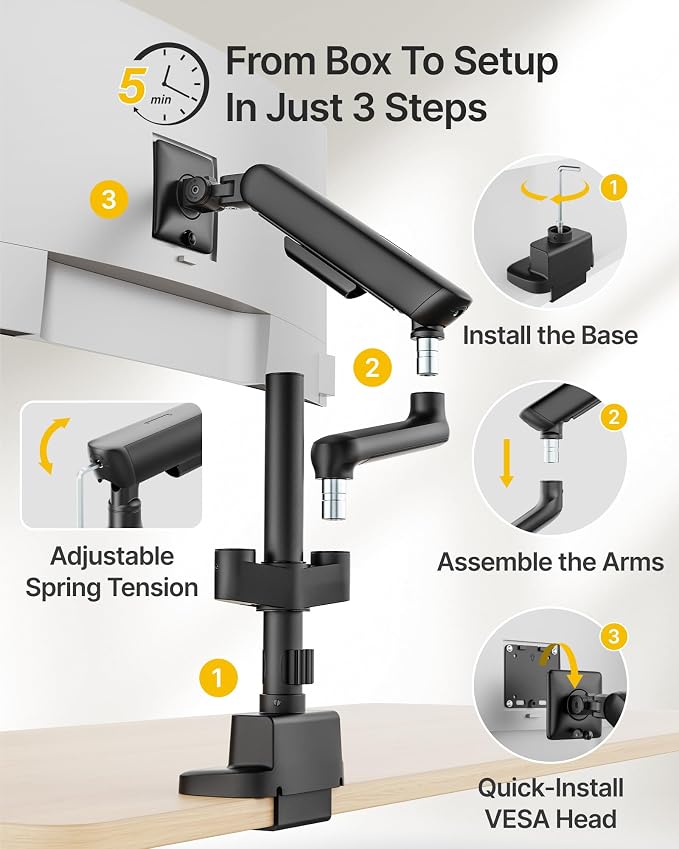 monTEK Tall Mechanical Spring Dual Monitor Arm with USB for 27 32 34 Screen | Black, Built-in One-Way Bearing, Holds 26.4 lbs, VESA 75/100mm, C-Clamp/Grommet Base & Cable Management, Office, Home, Game - Image 7