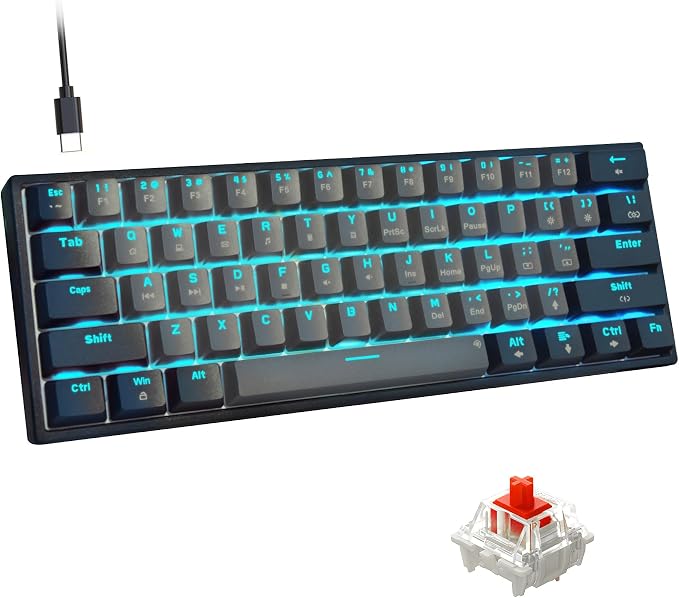 Snpurdiri 60% Wired Mechanical Gaming Keyboard (Black-Grey, Red Switches) | Ice Blue LED Backlit 61 Keys Mini Wired Office Keyboard for Windows Laptop PC Mac by Snpurdiri