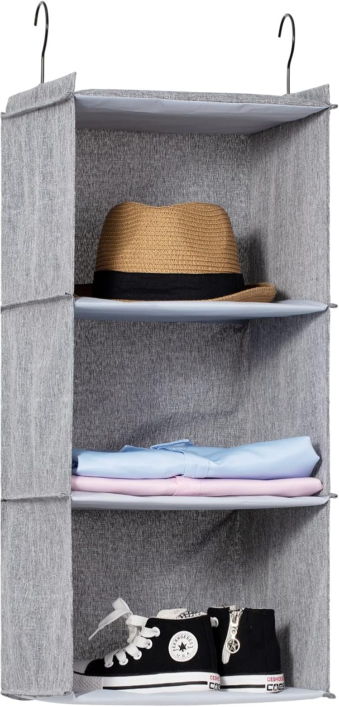 Hanging Closet Organizer 3-Shelf, Oxford Linen Wardrobe Storage, Gray | Easy-mount foldable design holds clothes, handbags, shoes & accessories; washable Oxford fabric, sturdy and space-saving. by DonYeco