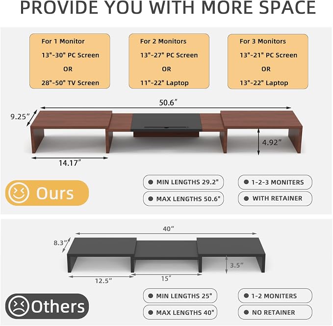 WESTREE Triple Monitor Stand Riser - Extra Long, Adjustable Length & Angle, 3 Shelf Desktop Storage for 1-3 Monitors - Image 4