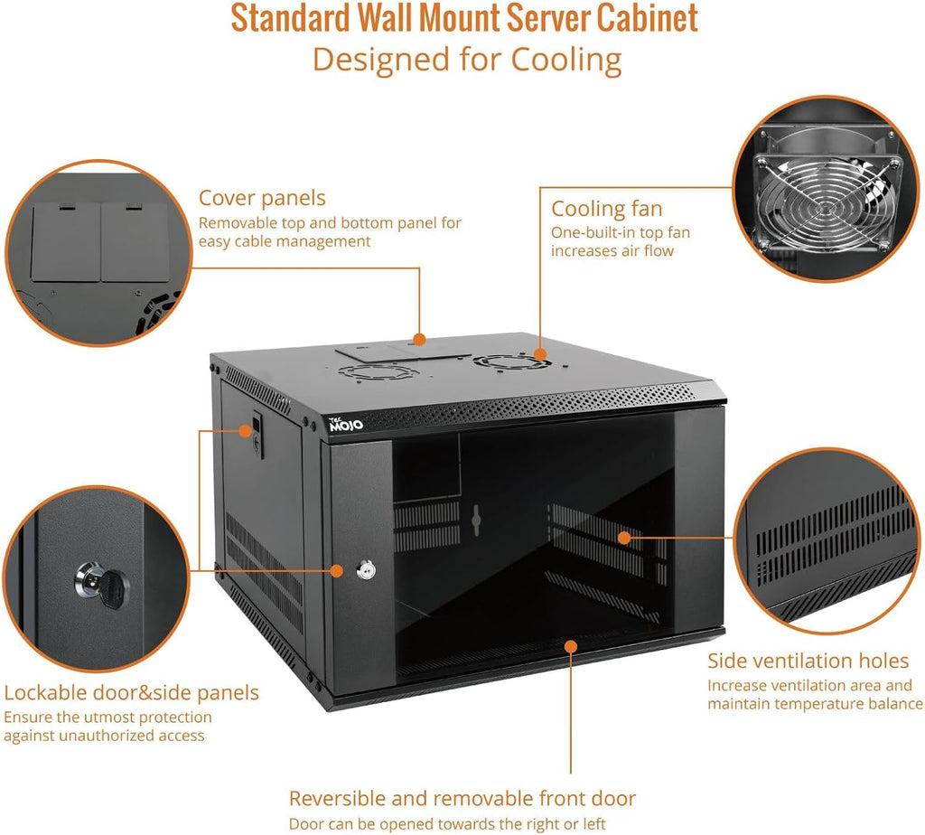Tecmojo 6U Wall Mount Server Cabinet IT Network Rack Enclosure Lockable Door and Side Panels Black, Cooling Fan, Standard Glass Door, 450mm Depth, for 19” IT Equipment, A/V Devices - Image 3
