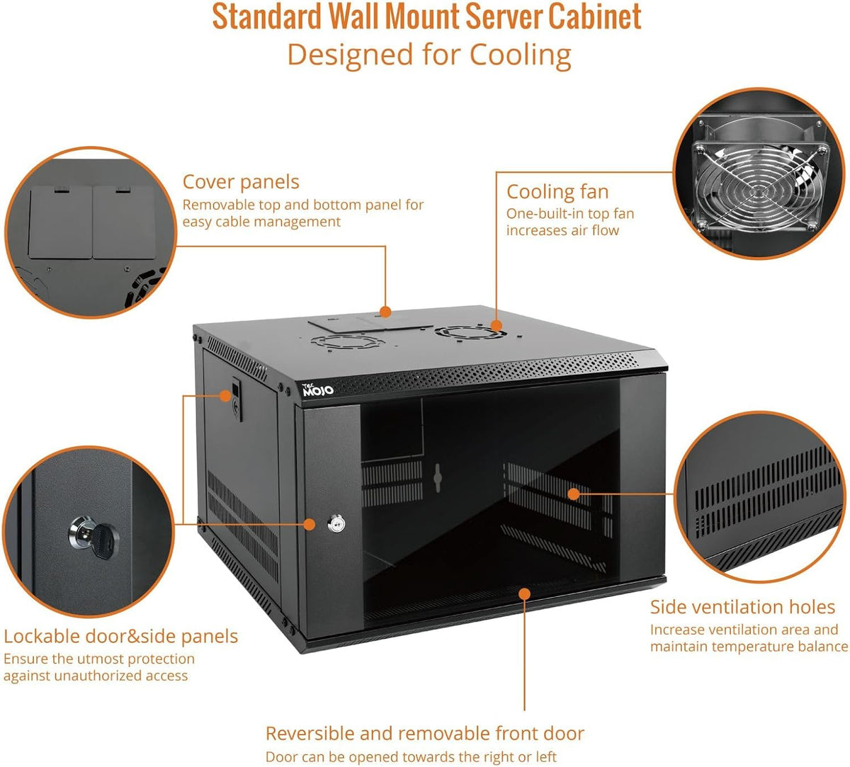 Tecmojo 6U Wall Mount Server Cabinet IT Network Rack Enclosure Lockable Door and Side Panels Black, Cooling Fan, Standard Glass Door, 450mm Depth, for 19” IT Equipment, A/V Devices - Image 3